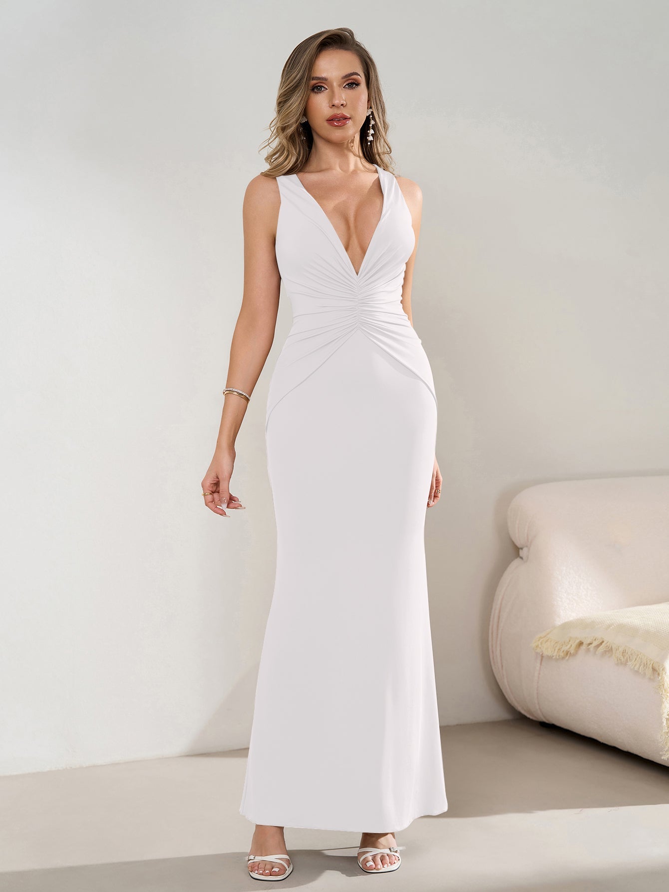 Deep V-Neck Ruched Waist Tie Backless Bodycon Dress