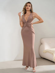 Deep V-Neck Ruched Waist Tie Backless Bodycon Dress