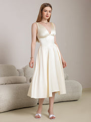 Deep V-Neck Satin Prom Midi Dress