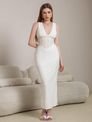 Deep V-Neck Split Thigh Jacquard Lace Dress