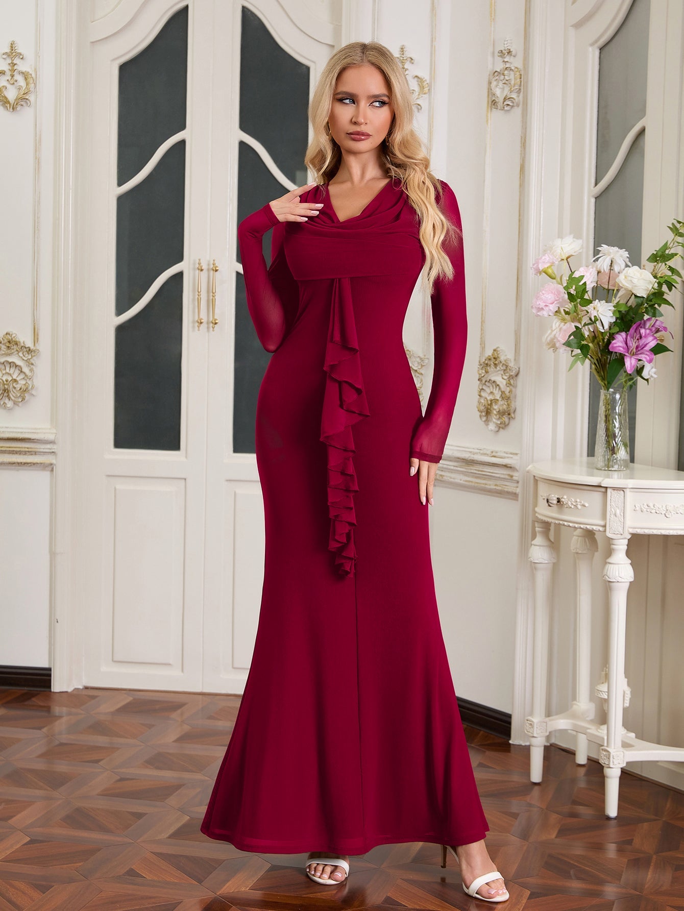 Draped Collar Ribbon Trim Bodycon Mesh Dress