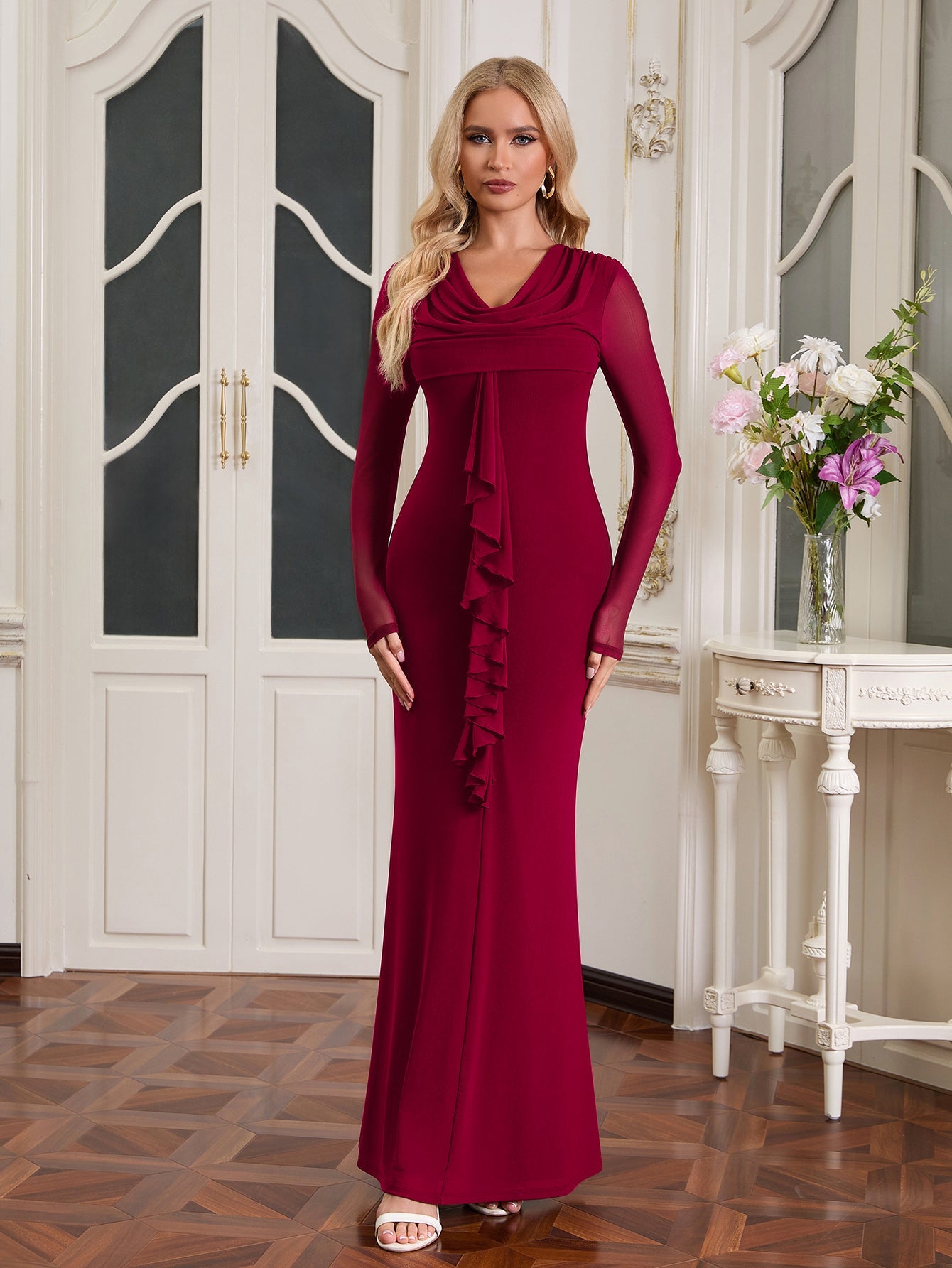 Draped Collar Ribbon Trim Bodycon Mesh Dress