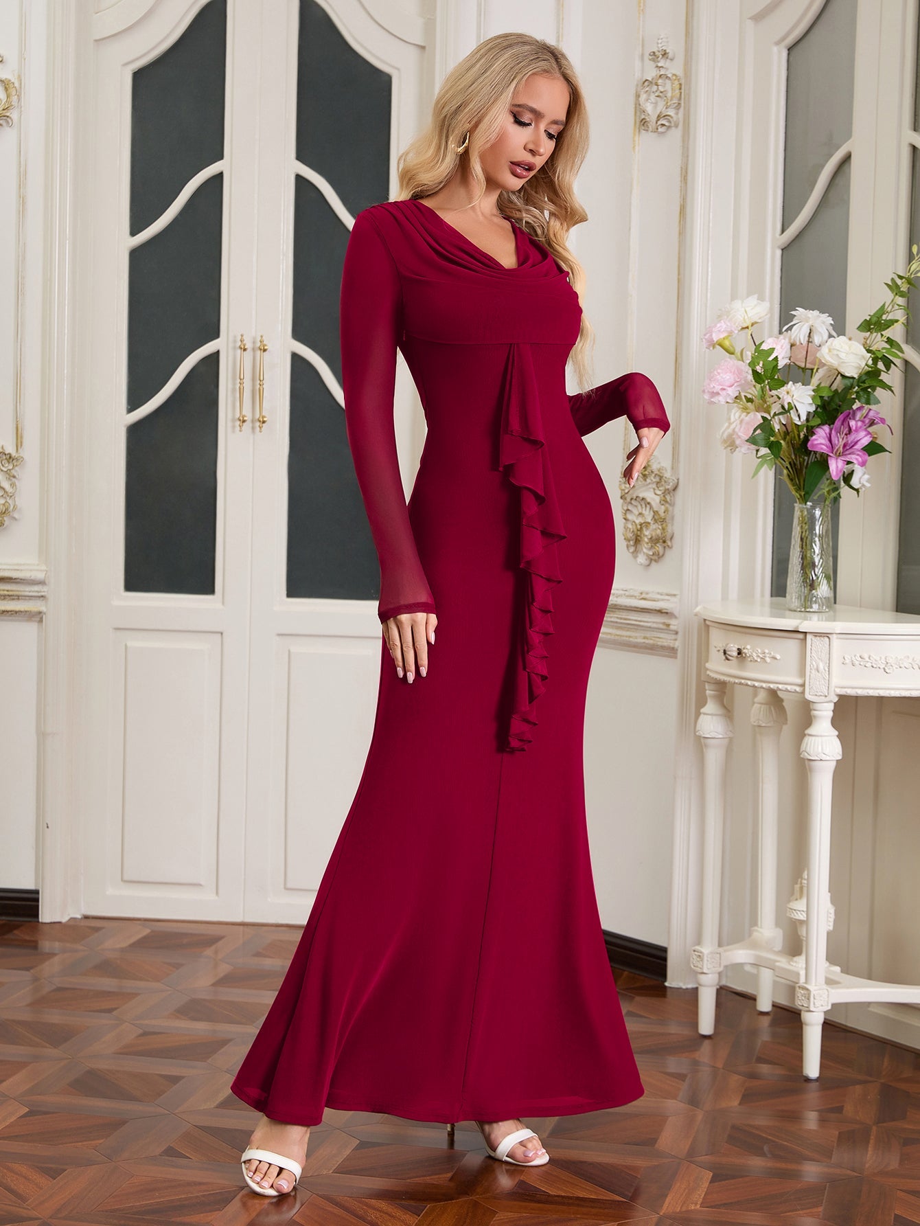Draped Collar Ribbon Trim Bodycon Mesh Dress