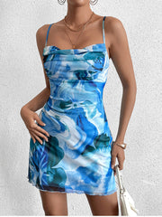 Draped Mesh Floral Print Cami Dress