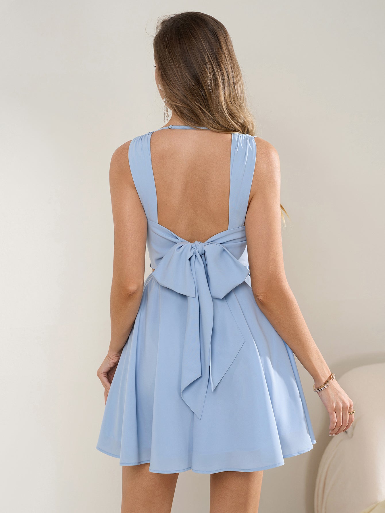 Draped Neck Bow Tie Back Pleated Hem Dress