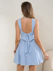 Draped Neck Bow Tie Back Pleated Hem Dress