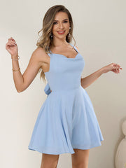 Draped Neck Bow Tie Back Pleated Hem Dress