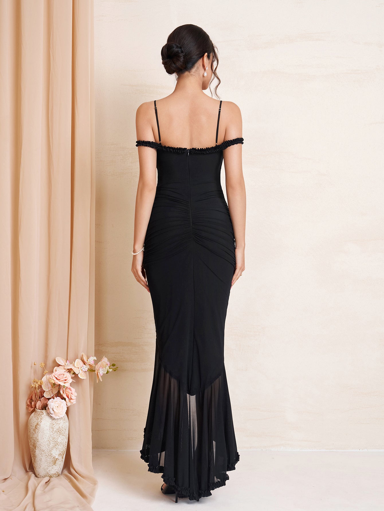 Draped Sleeve Ruched Asymmetrical Hem Mesh Dress