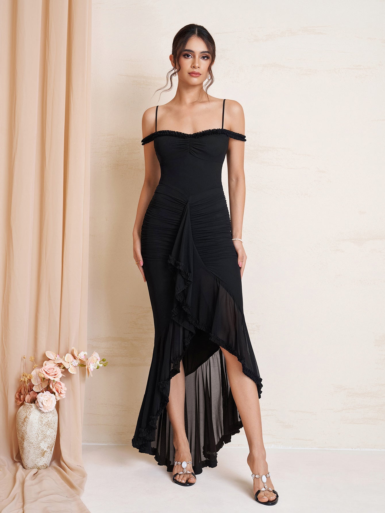 Draped Sleeve Ruched Asymmetrical Hem Mesh Dress