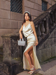 Draped Split Thigh Satin Backless Maxi Dress