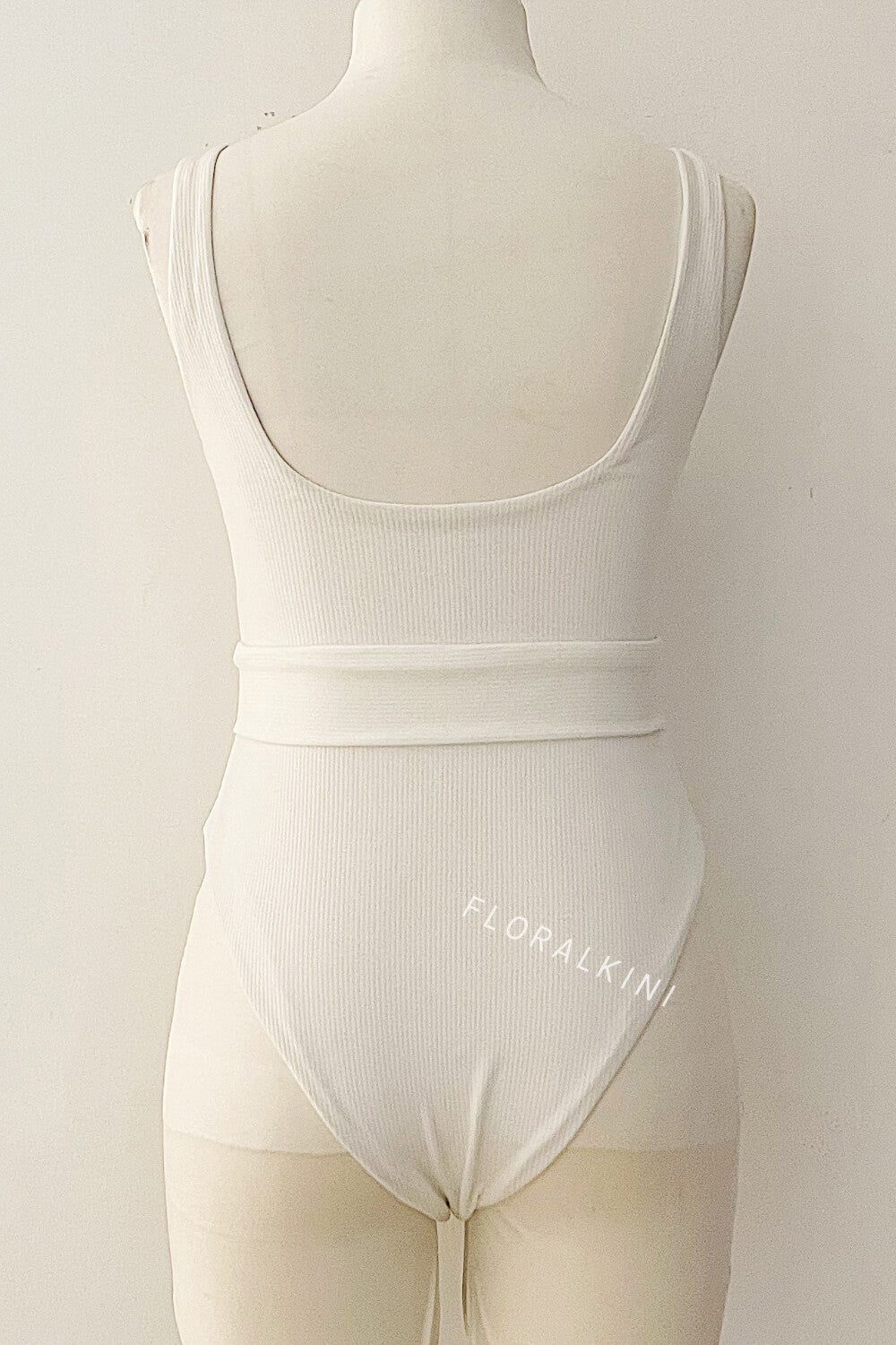 White Ribbed O-Ring Belted One Piece Swimsuit