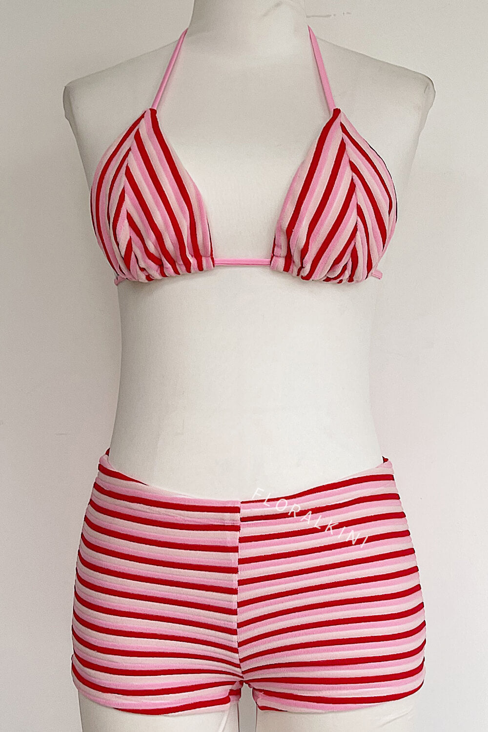 Color Block Striped Rib Triangle Halter Bikini Top And Low Rise Boy Shorts
