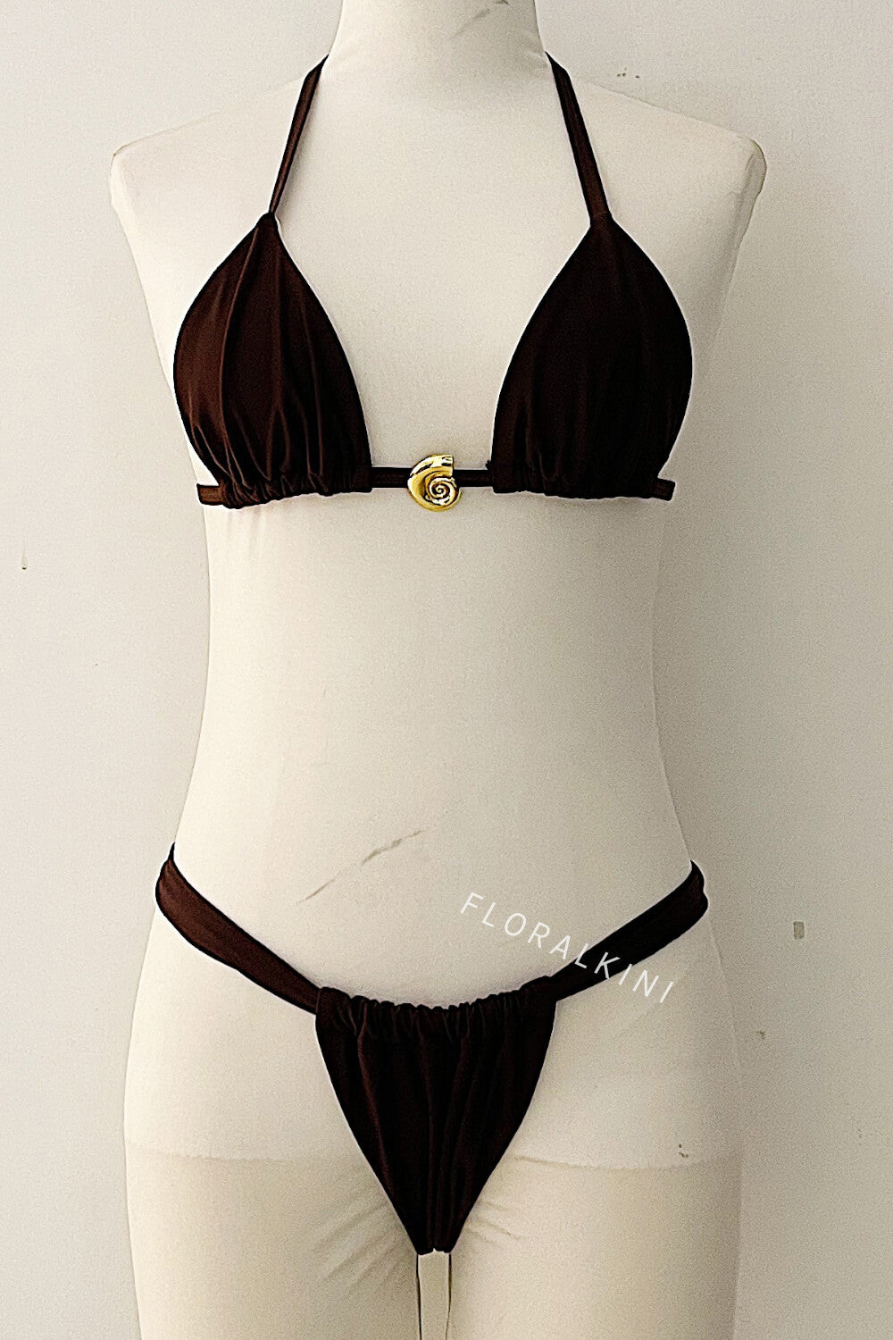 Triangle Halter Bikini Set With Gold Shell Hardware Detail
