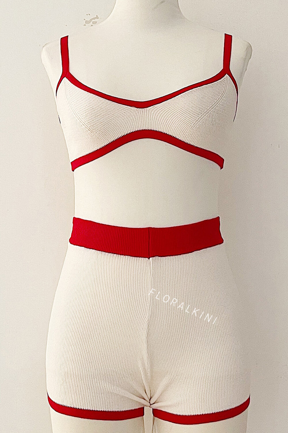 Contrast Trim Knit Bralette Bikini Top And High Waisted Shorts