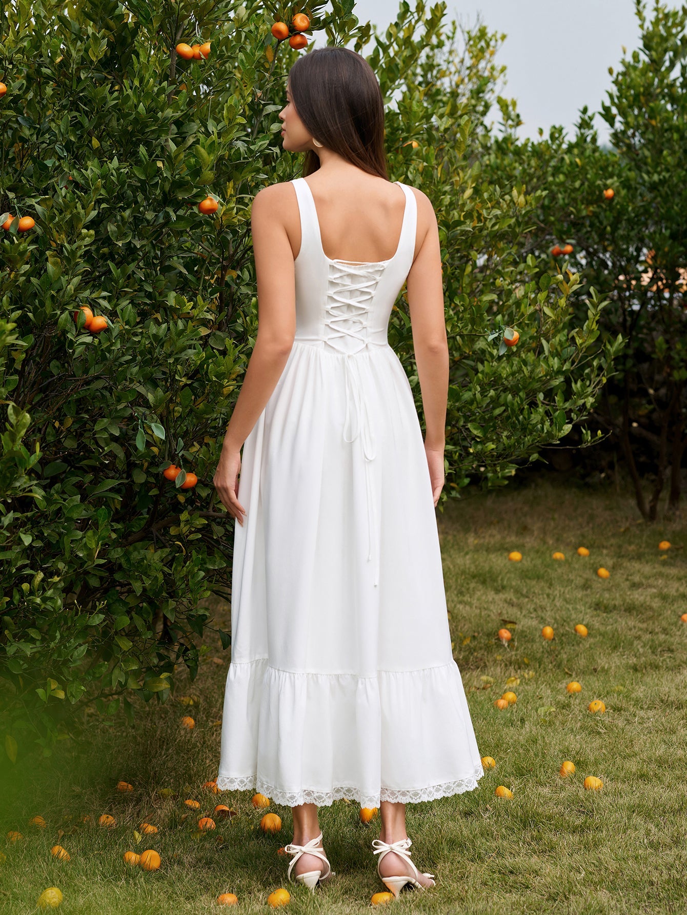 Embellished Button Crisscross Lace Trim Maxi Dress