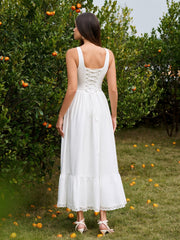 Embellished Button Crisscross Lace Trim Maxi Dress