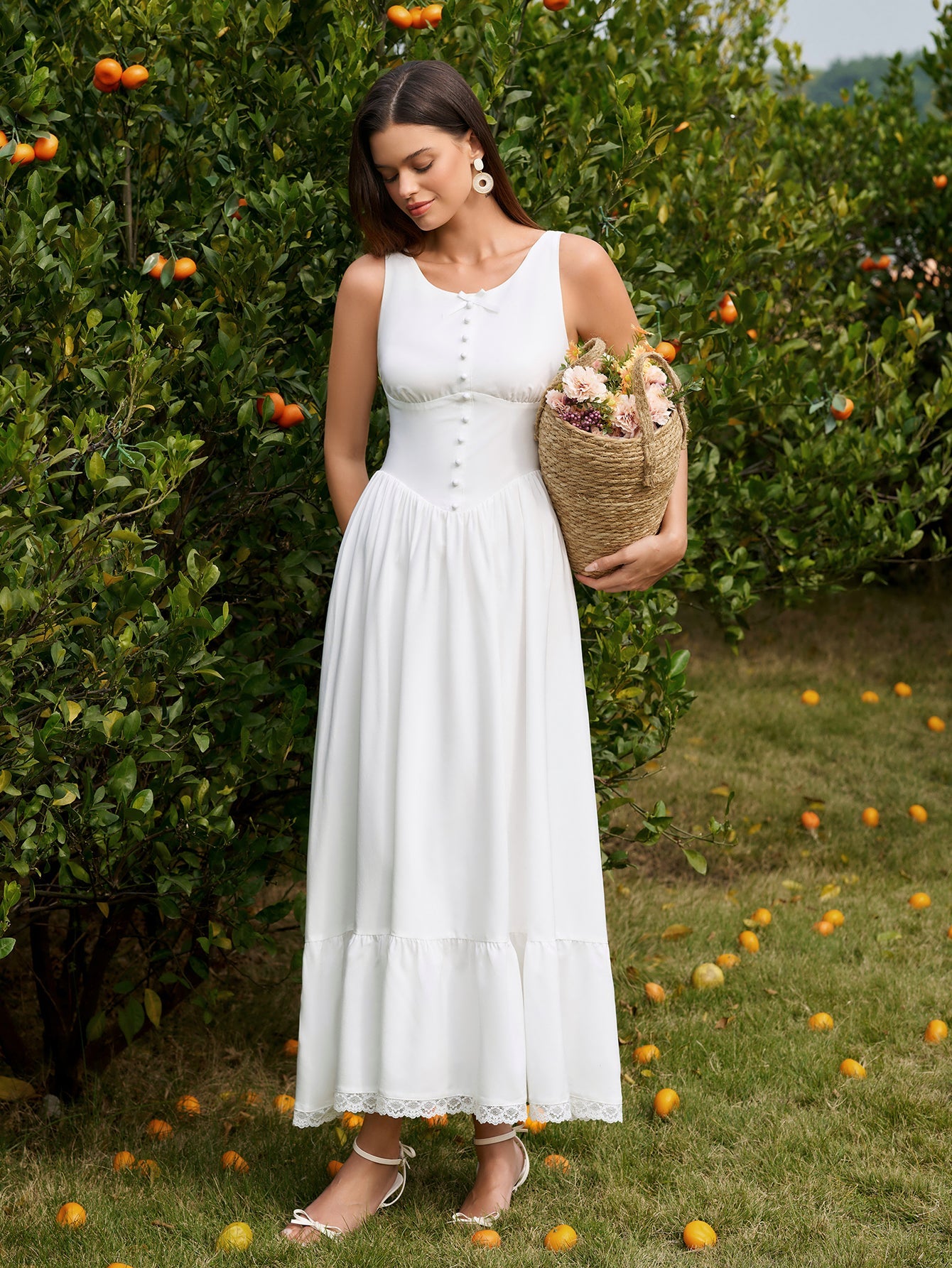Embellished Button Crisscross Lace Trim Maxi Dress