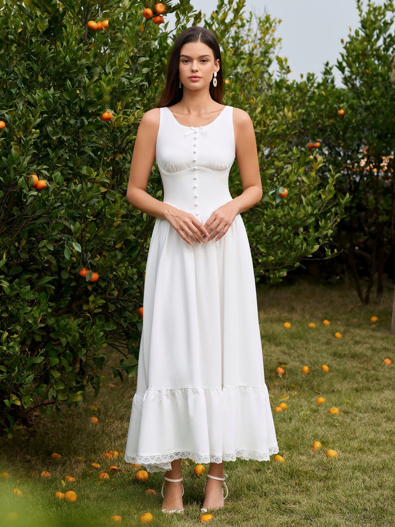 Embellished Button Crisscross Lace Trim Maxi Dress
