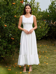 Embellished Button Crisscross Lace Trim Maxi Dress