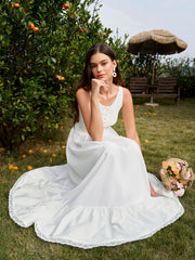 Embellished Button Crisscross Lace Trim Maxi Dress