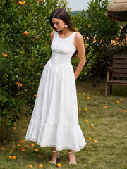 Embellished Button Crisscross Lace Trim Maxi Dress