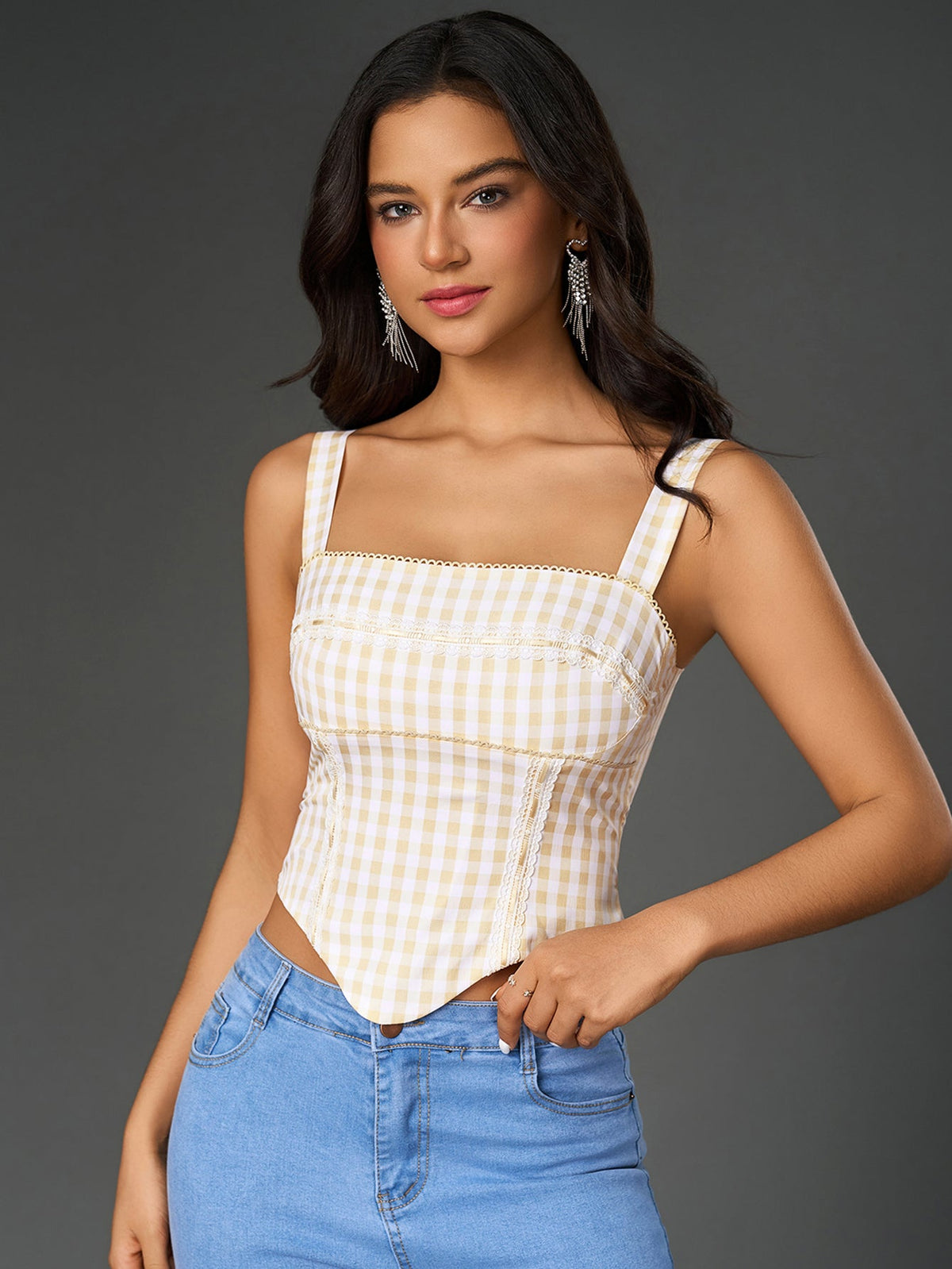 Embellished Lace Asymmetrical Hem Plaid Print Top
