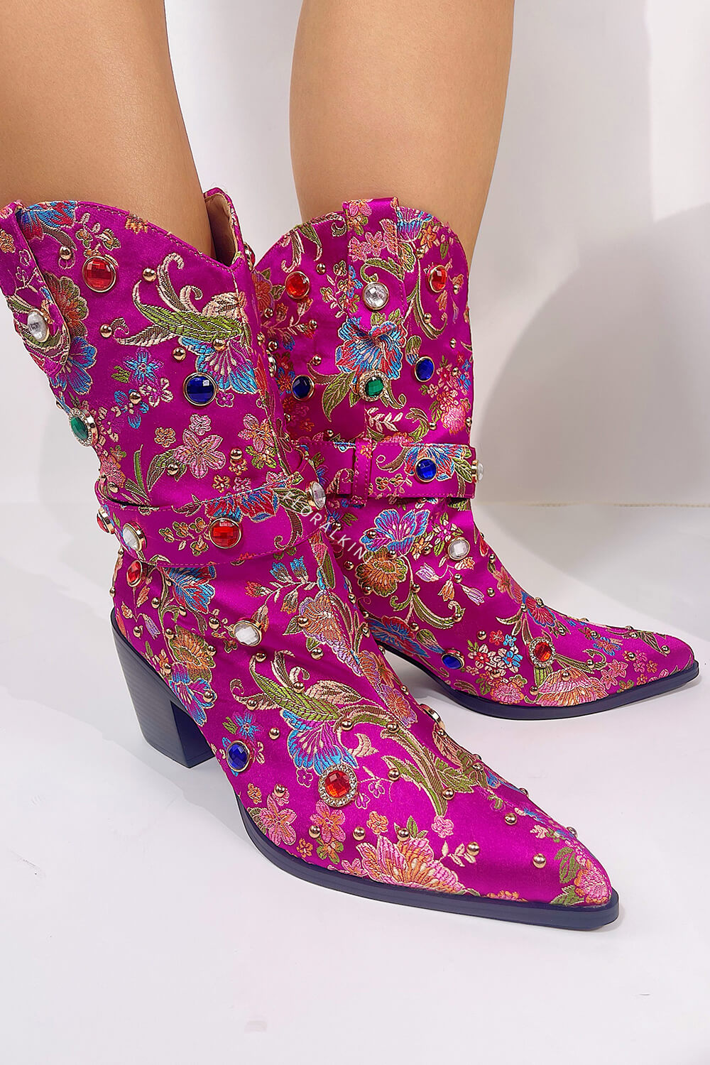 Floral Satin Gemstone-Embellished Pointed Toe Western Ankle Bootie - Pink