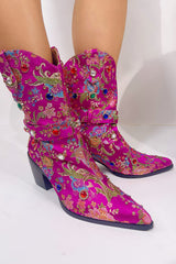 Floral Satin Gemstone-Embellished Pointed Toe Western Ankle Bootie - Pink