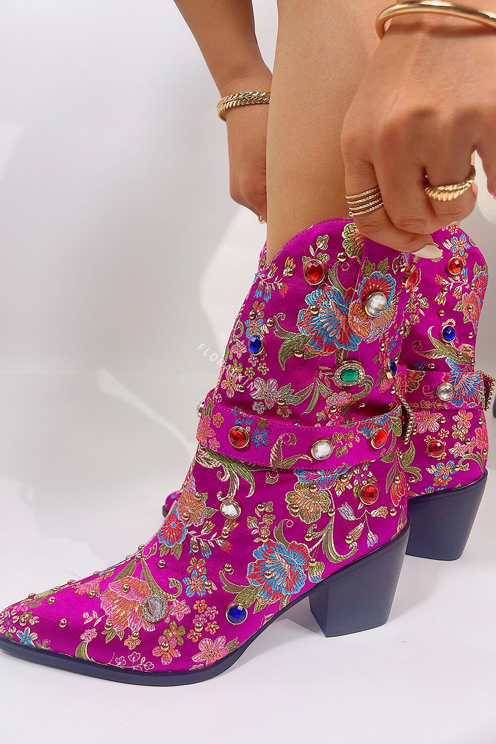 Floral Satin Gemstone-Embellished Pointed Toe Western Ankle Bootie - Pink