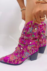 Floral Satin Gemstone-Embellished Pointed Toe Western Ankle Bootie - Pink