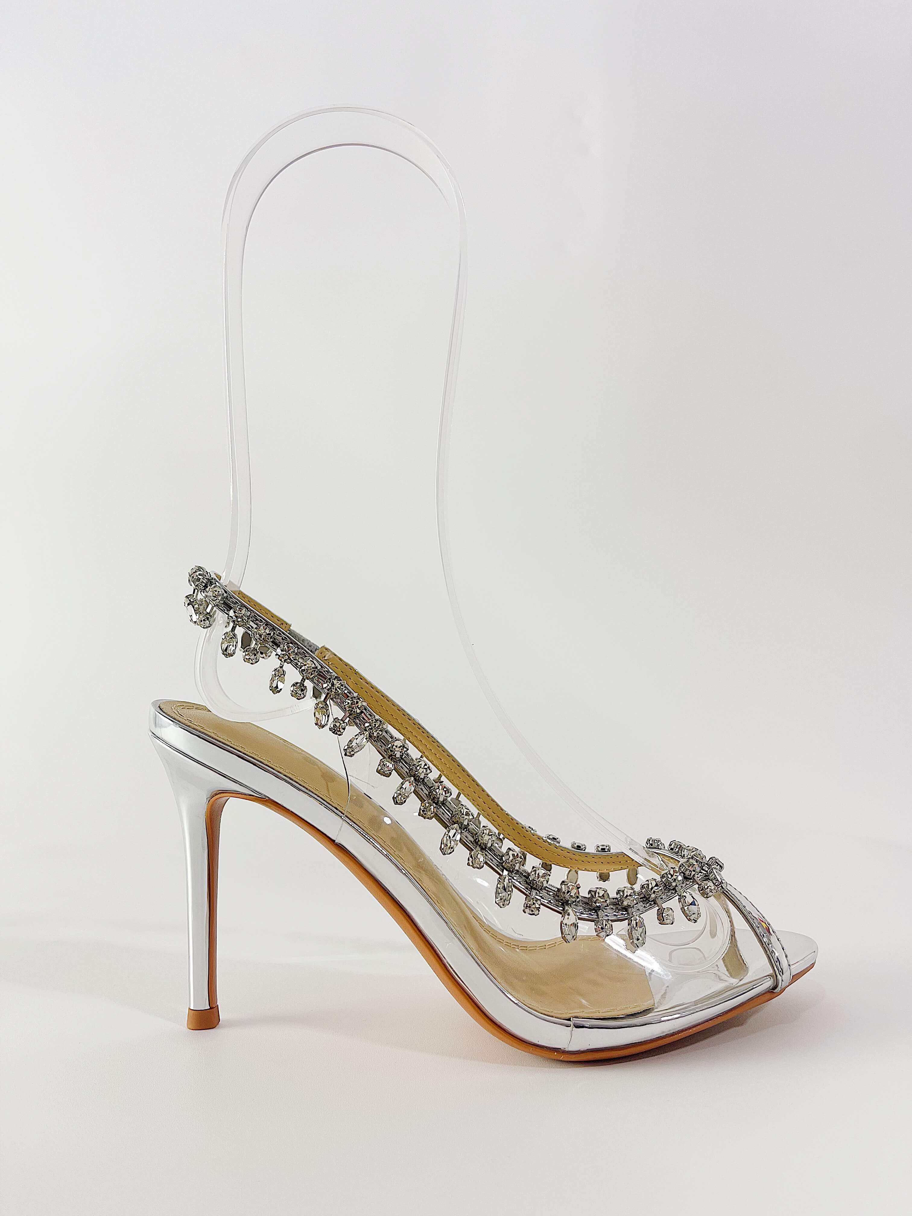 Transparent Crystal Embellished Pvc Open Toe Slingback Pump Heels