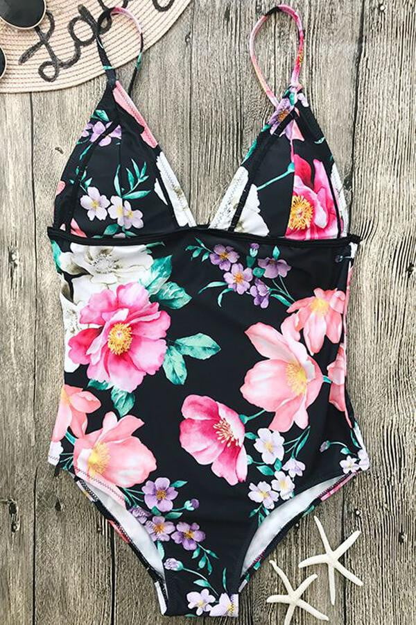 Floral Print Bralette One Piece Swimsuit