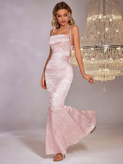 Floral Jacquard Lace Up Backless Split Hem Satin Dress