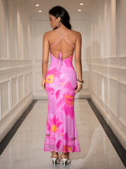 Floral Print Ruched Crisscross Back Maxi Dress