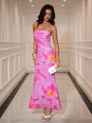Floral Print Ruched Crisscross Back Maxi Dress