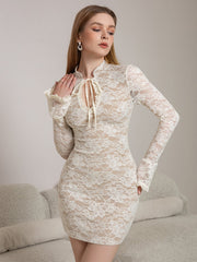 Flounce Sleeve Cut Out Tie Front Lace Mini Dress