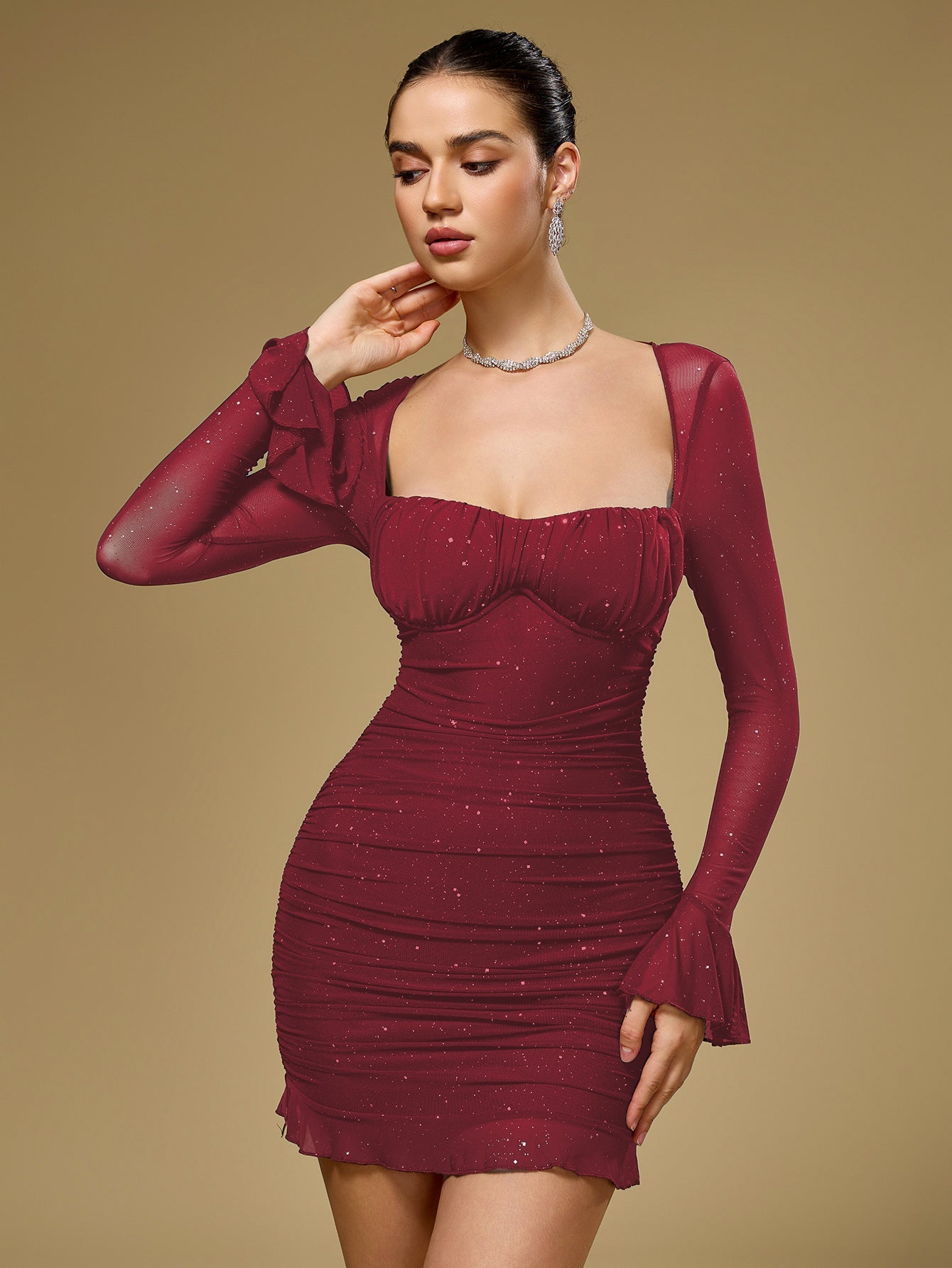 Flounce Sleeve Mesh Sparkly Mini Dress