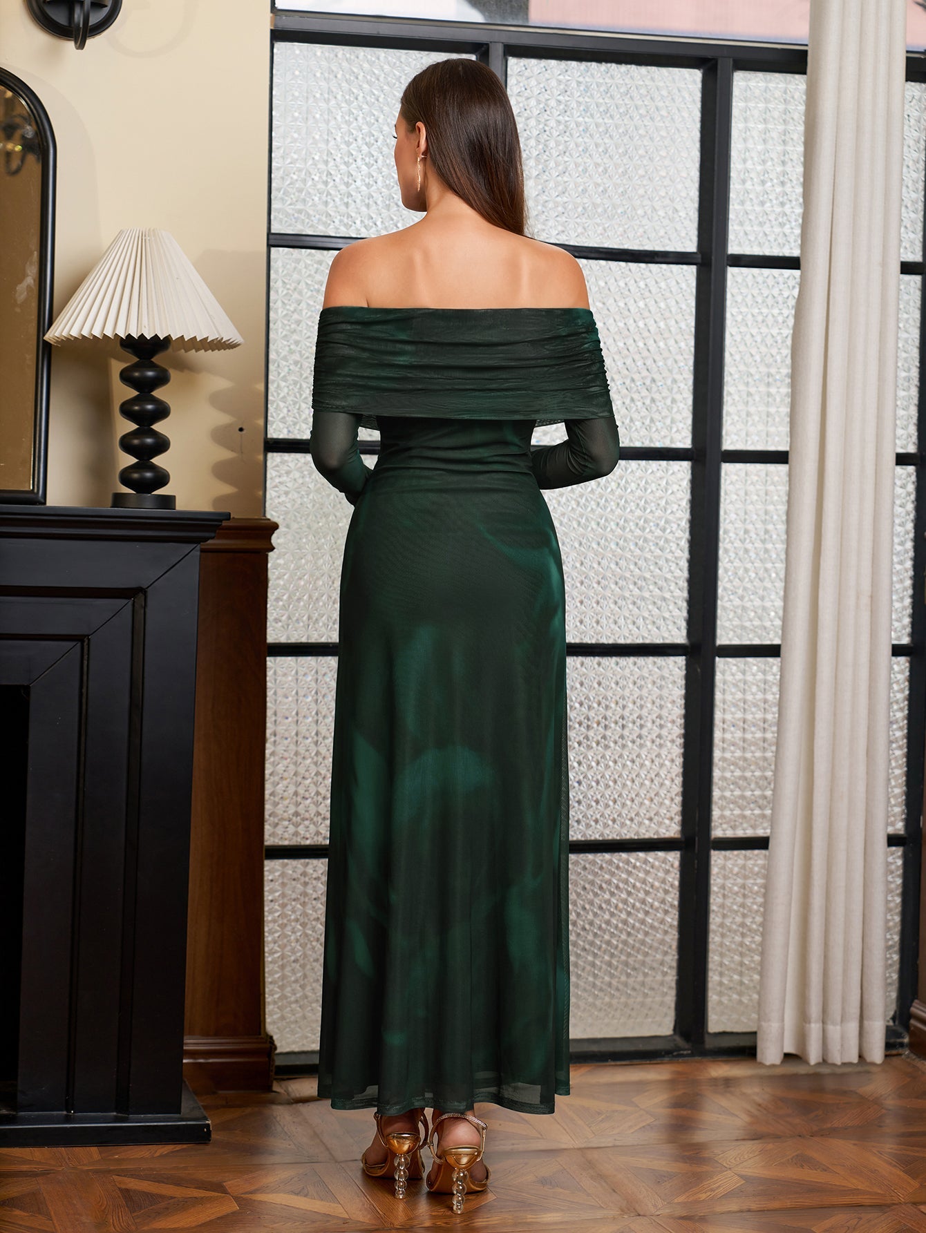 Flounce Sleeve Off Shoulder Mesh Bodycon Dress