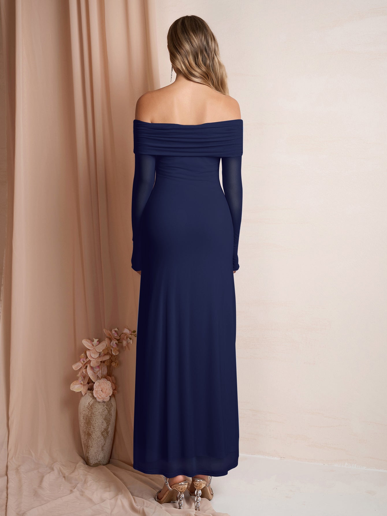 Flounce Sleeve Off Shoulder Mesh Bodycon Dress