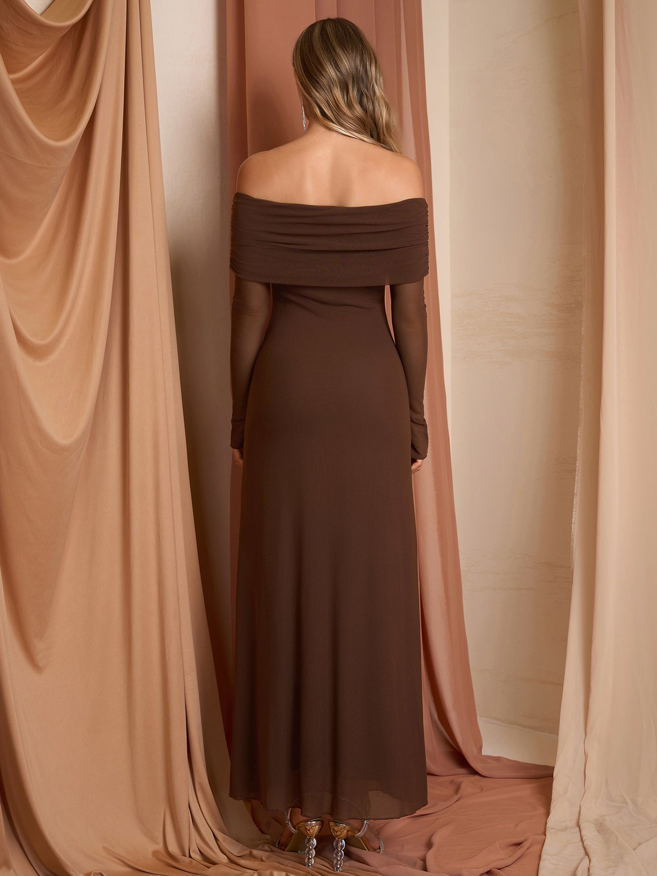 Flounce Sleeve Off Shoulder Mesh Bodycon Dress