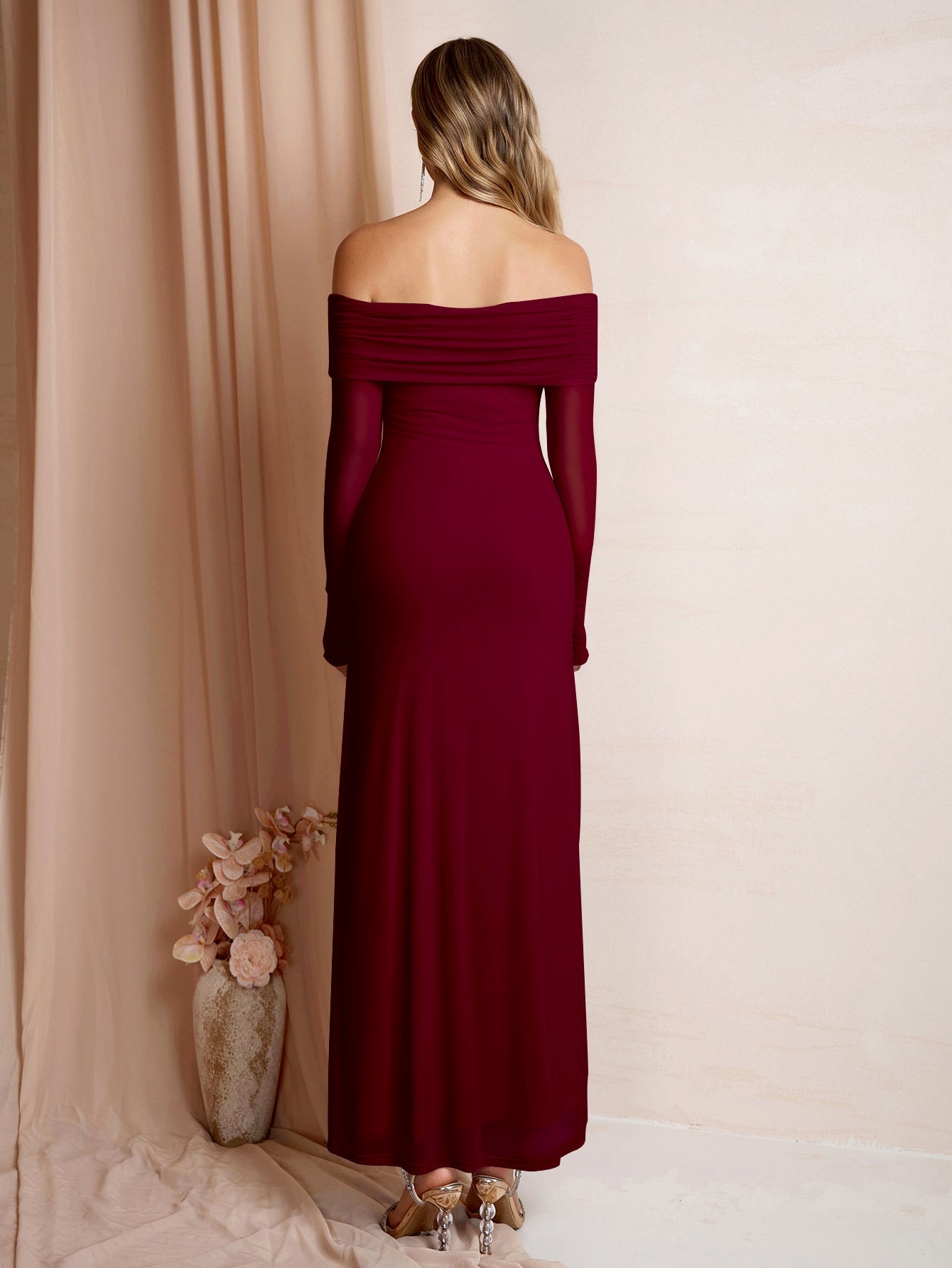 Flounce Sleeve Off Shoulder Mesh Bodycon Dress