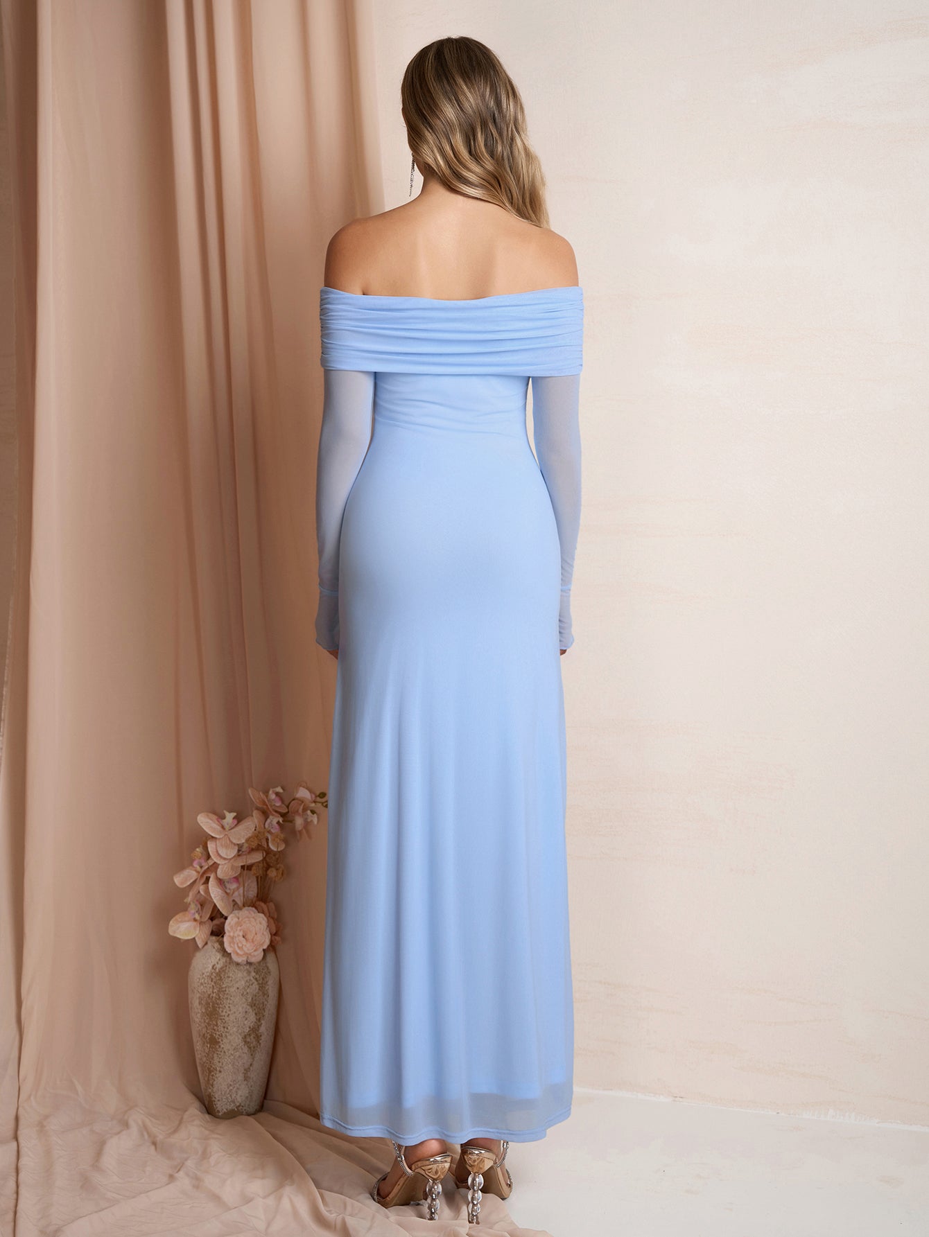 Flounce Sleeve Off Shoulder Mesh Bodycon Dress
