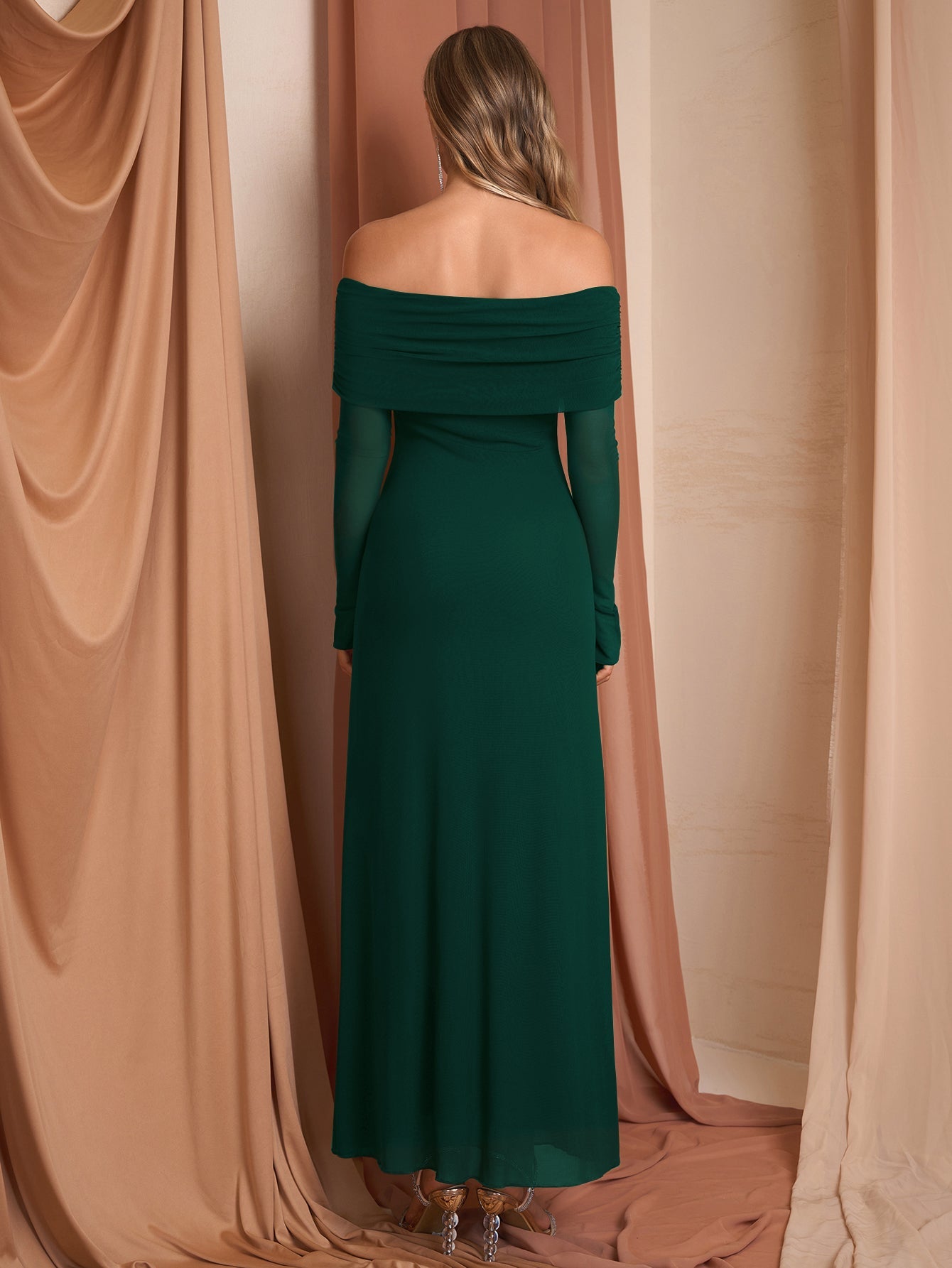 Flounce Sleeve Off Shoulder Mesh Bodycon Dress