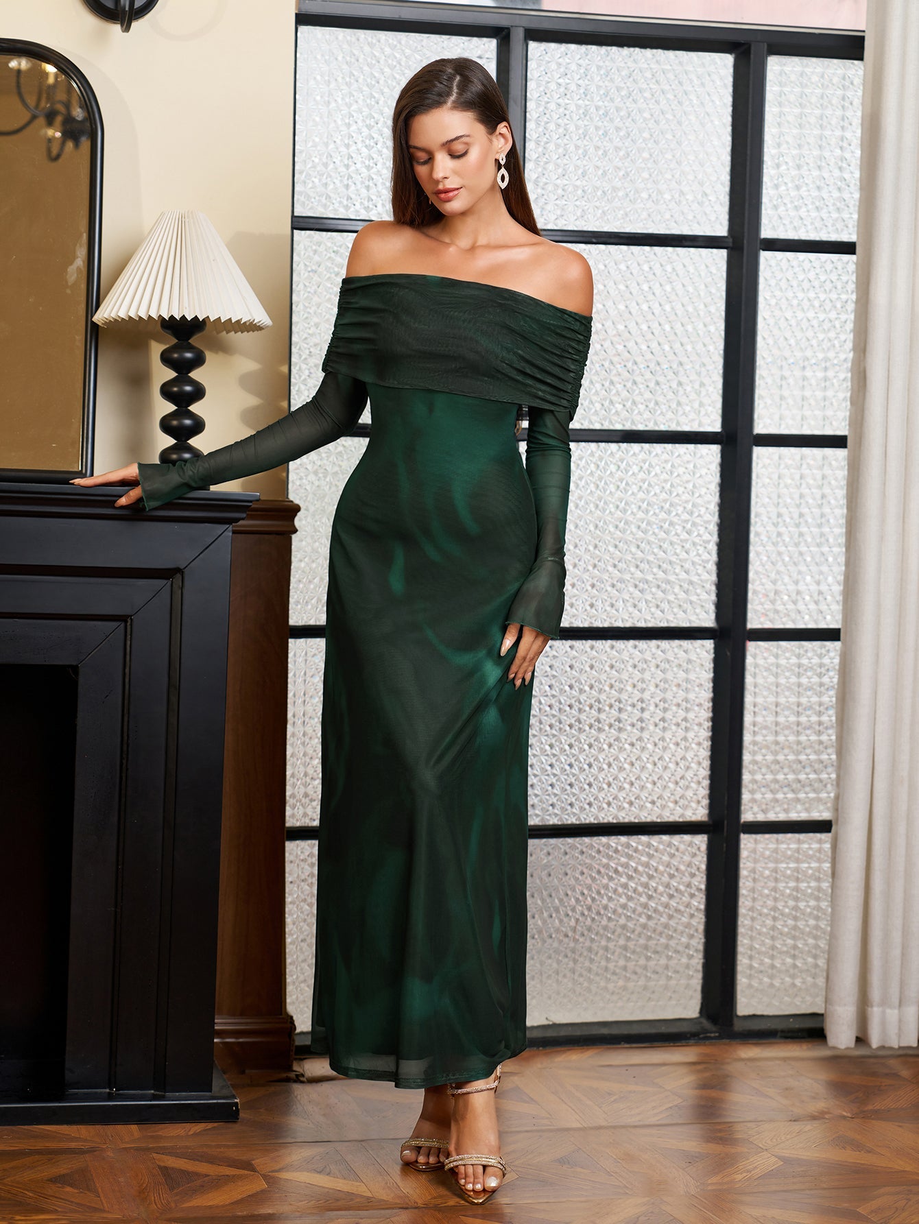 Flounce Sleeve Off Shoulder Mesh Bodycon Dress