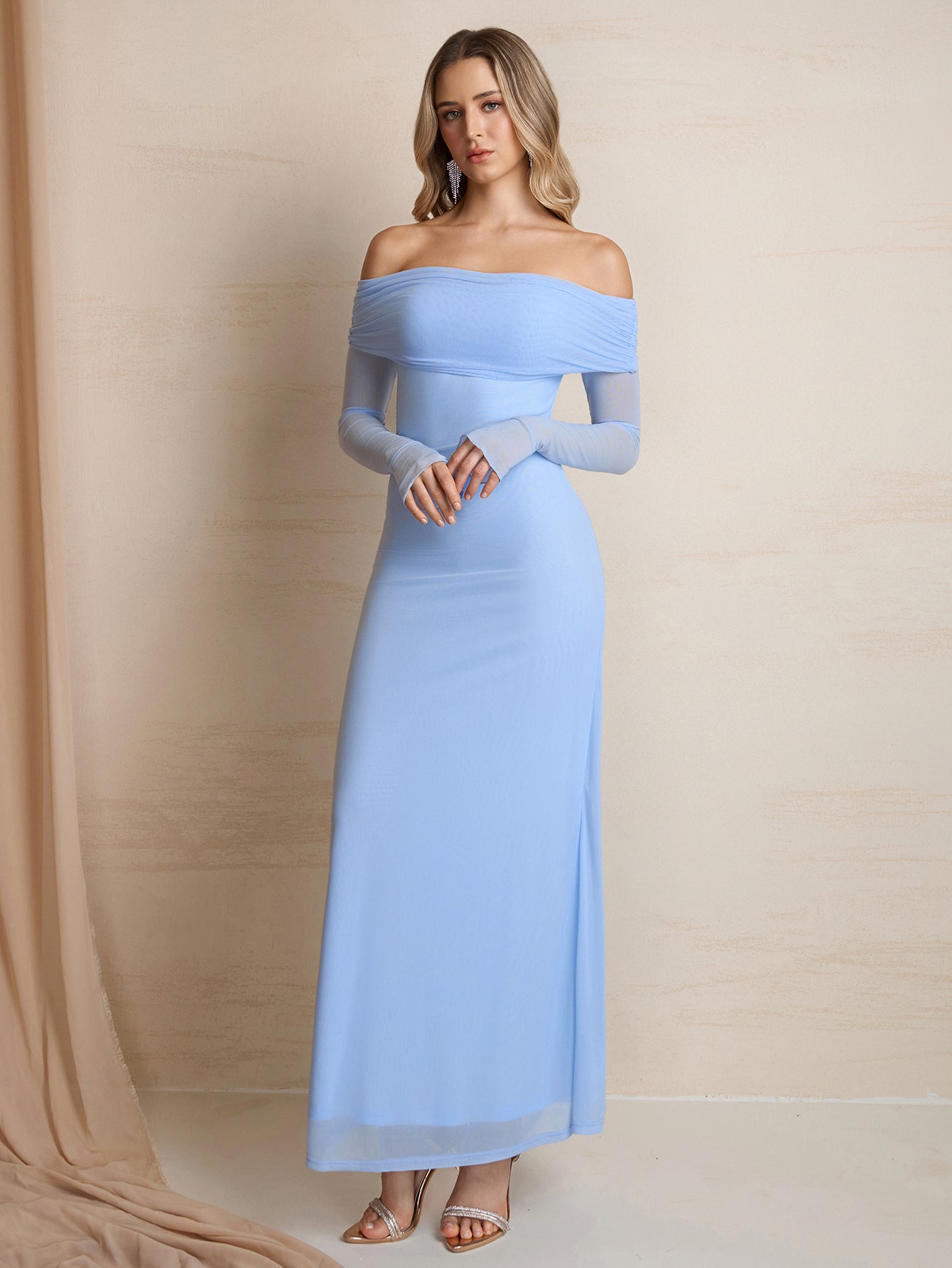 Flounce Sleeve Off Shoulder Mesh Bodycon Dress