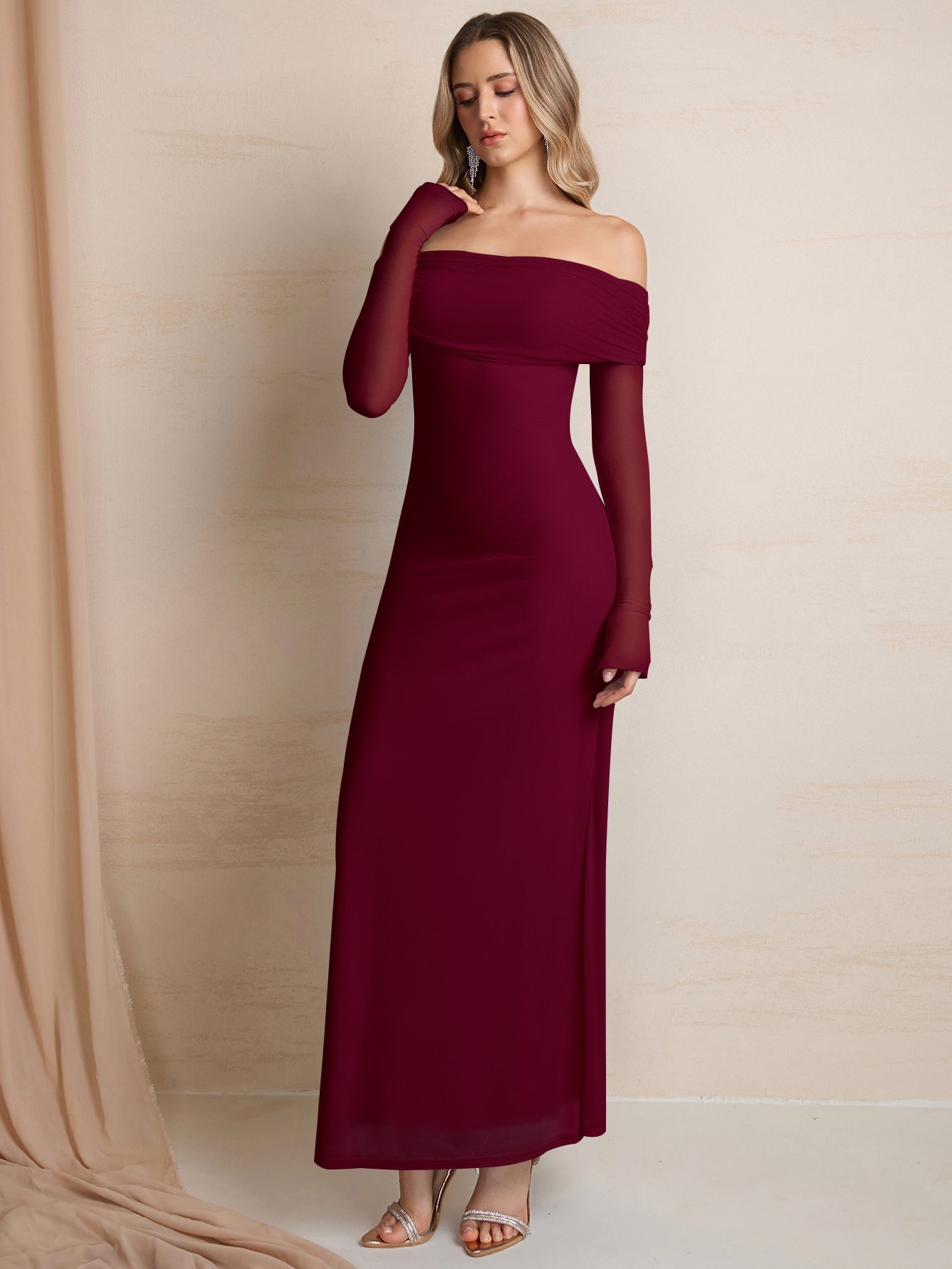 Flounce Sleeve Off Shoulder Mesh Bodycon Dress