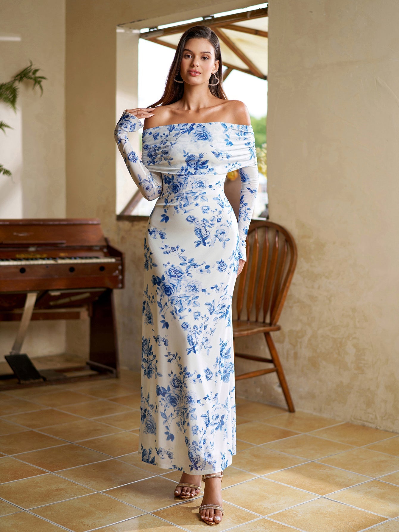 Flounce Sleeve Off Shoulder Mesh Bodycon Dress