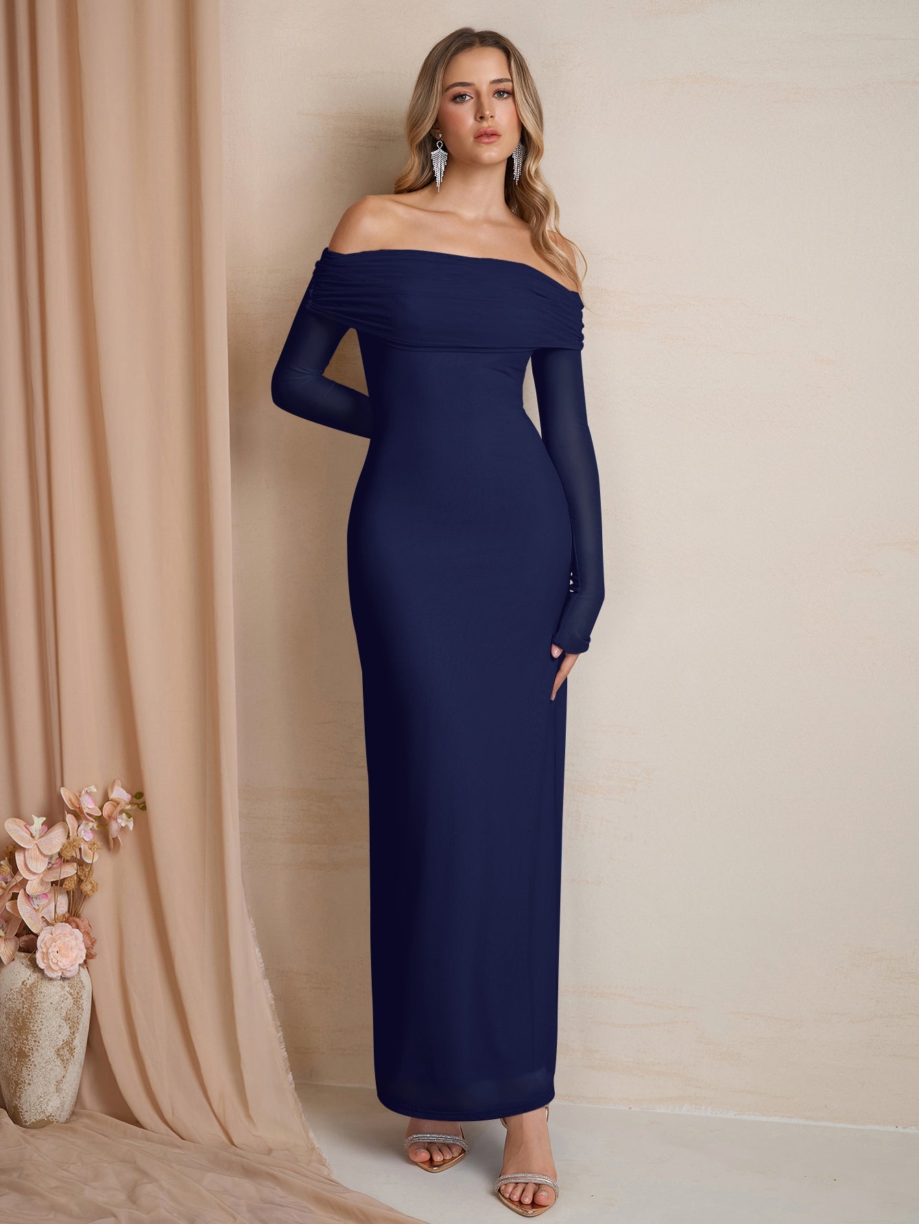 Flounce Sleeve Off Shoulder Mesh Bodycon Dress