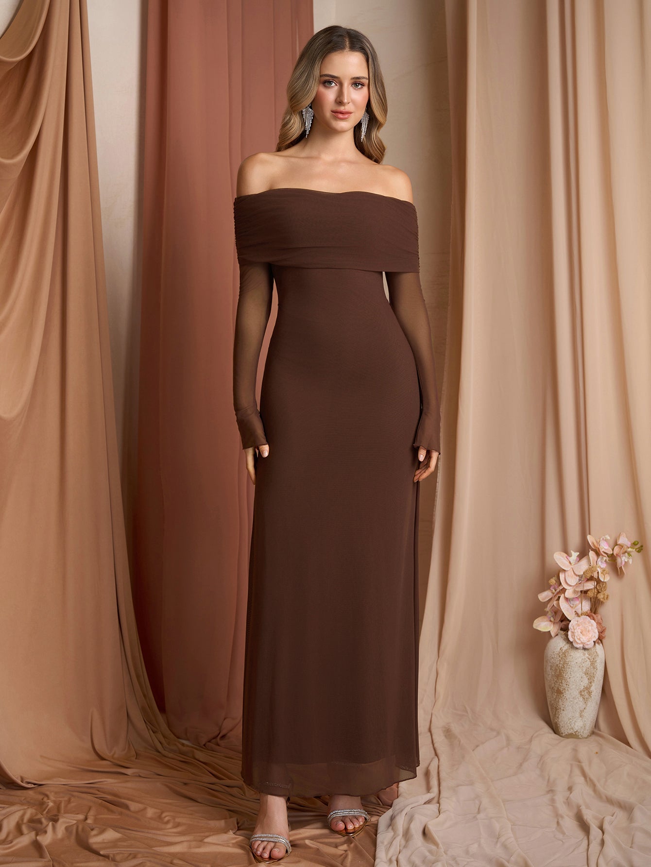Flounce Sleeve Off Shoulder Mesh Bodycon Dress