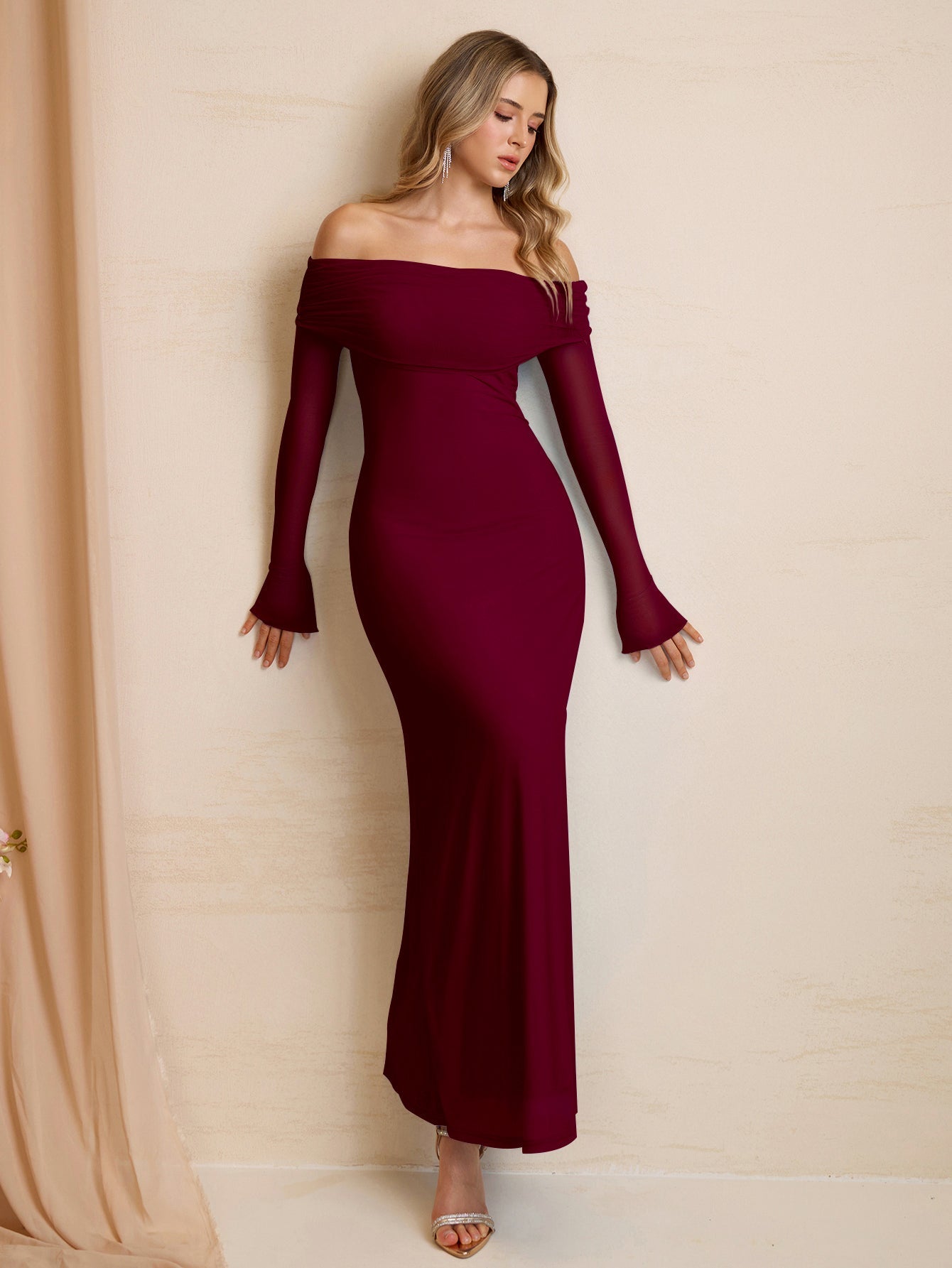Flounce Sleeve Off Shoulder Mesh Bodycon Dress